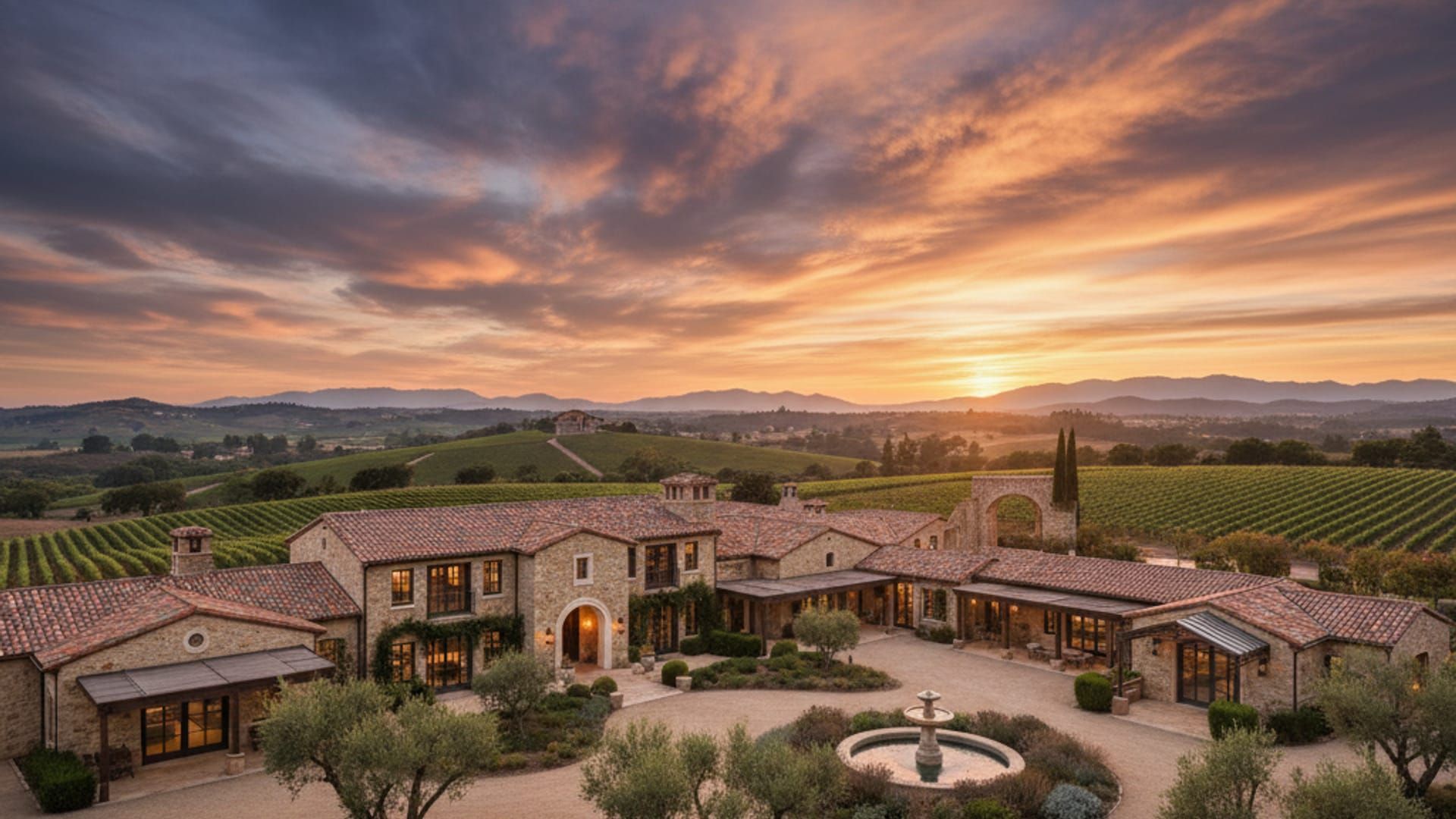 Wine country estate at sunset